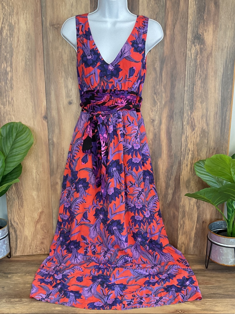Maeve by Anthropologie Coral Floral V-Neck Sleeveless Maxi Dress 0     220B